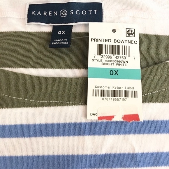 NEW Karen Scott Plus Stripe Tee Shirt Top Elbow Sleeves Boatneck Jersey Size 0X - Picture 4 of 6